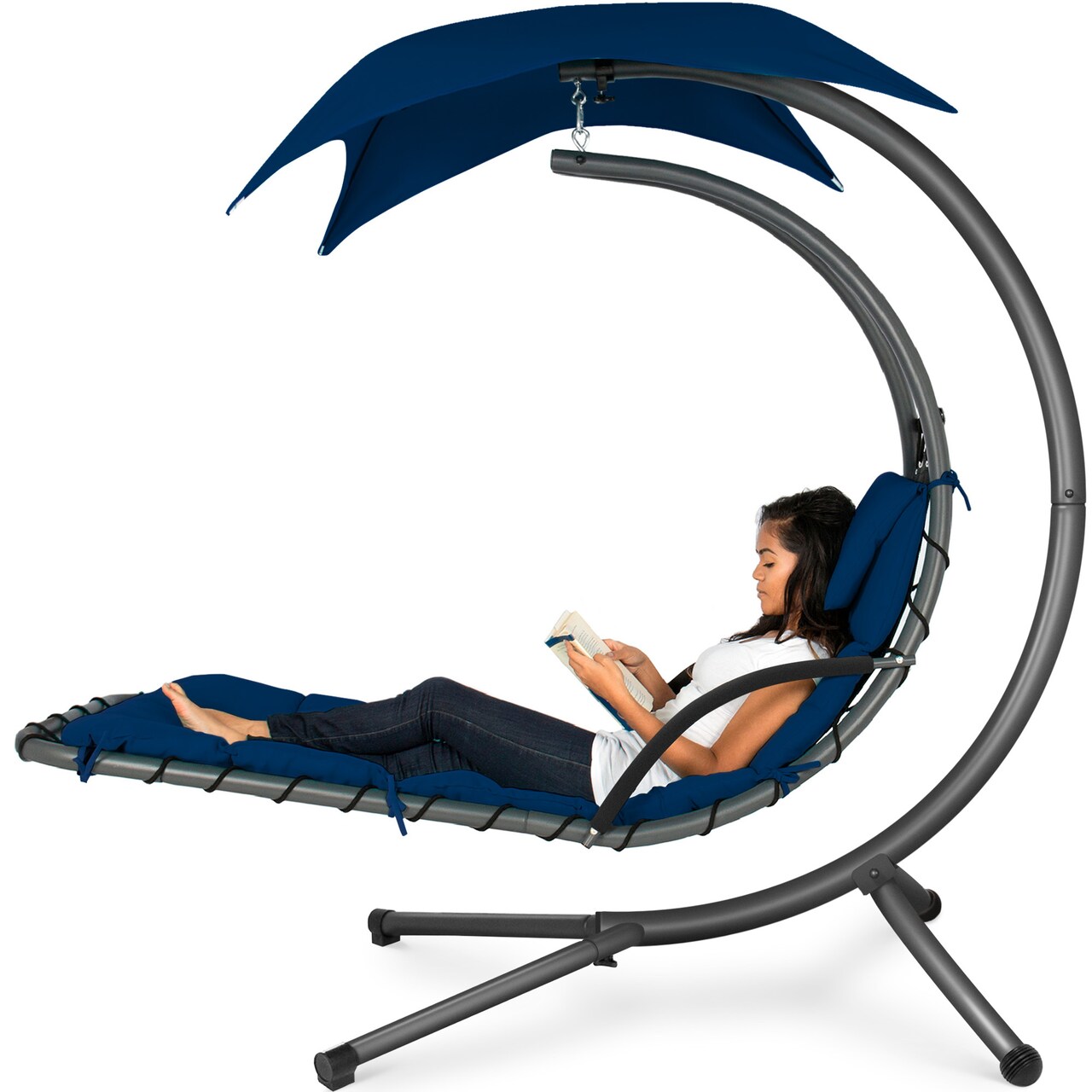 Best Choice Products Hanging Curved Chaise Lounge Chair Swing for Backyard, Patio w/ Pillow, Shade, Stand